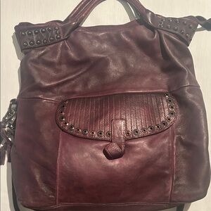Cool Lambskin Supple Leather Purpley Burgundy Distressed Studded Shoulder Bag